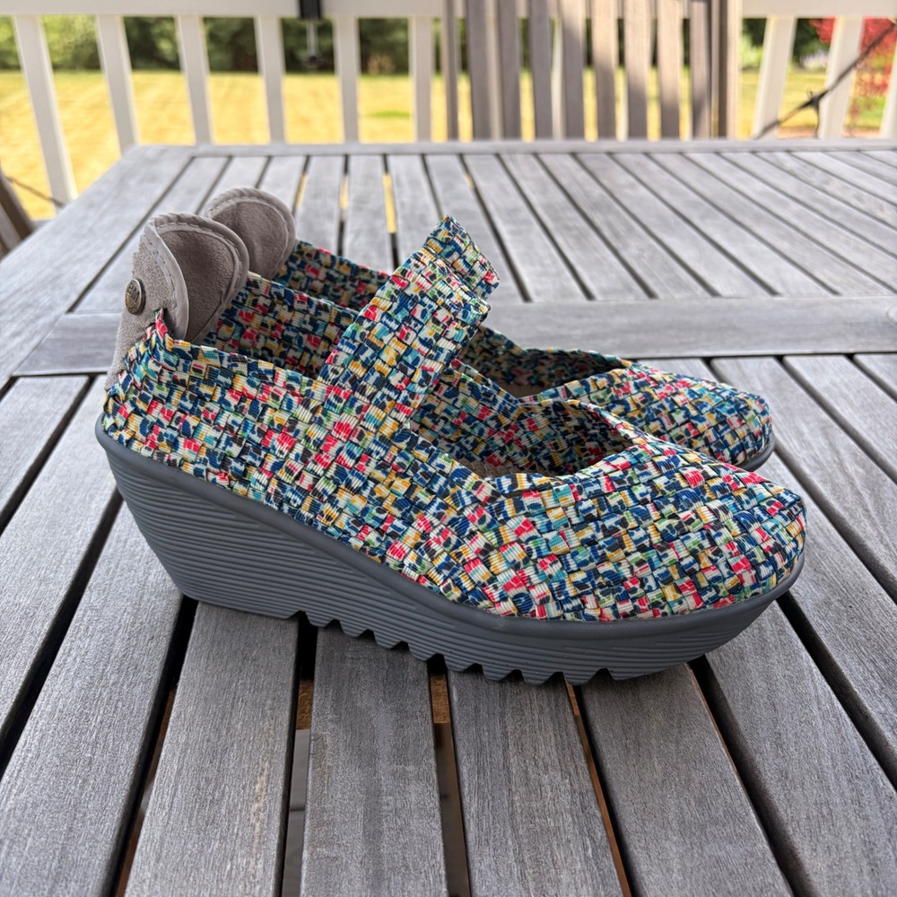 BERNIE MEV Lulia Wedge 39  Mary Jane Woven Elastic Multicolor Blue Gray Cottage